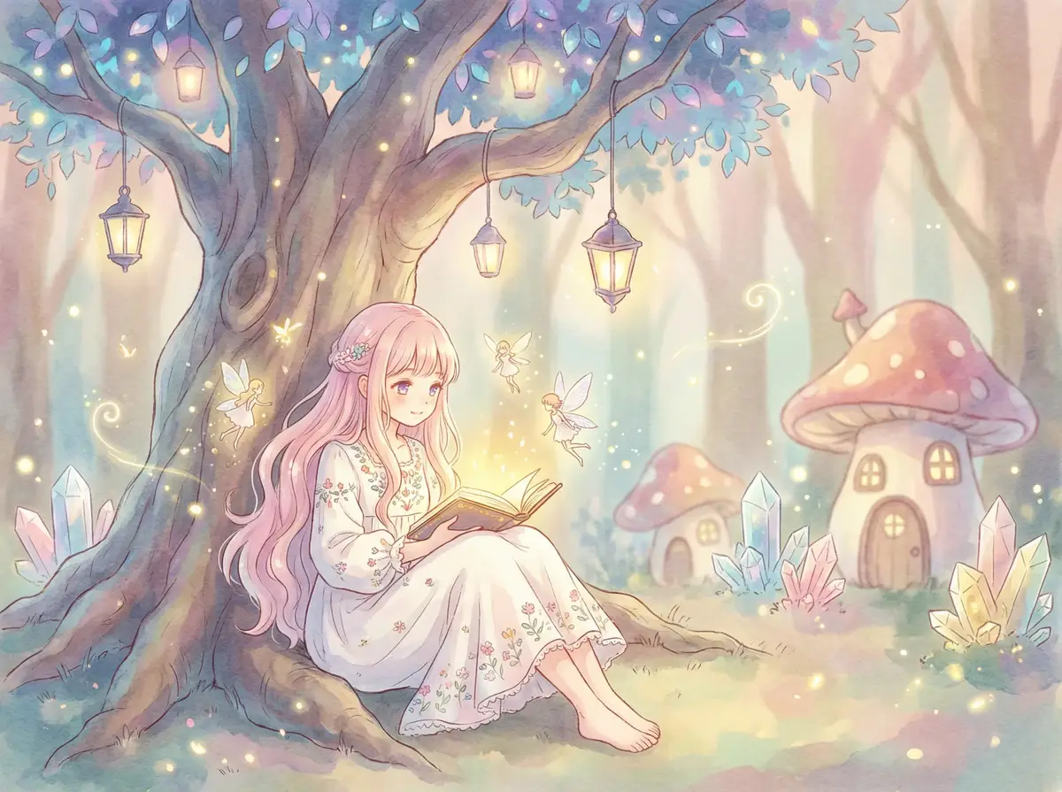 我征服了岳的一家 - 魔法森林中阅读故事书的粉发少女与精灵